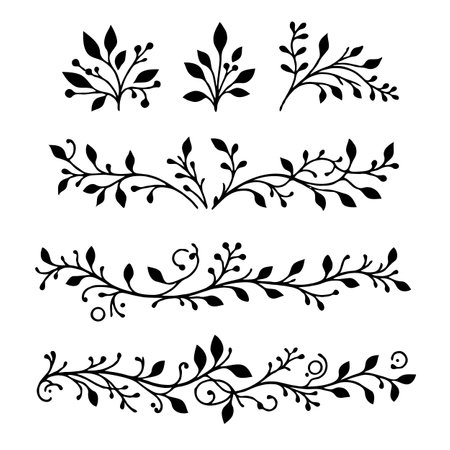 Set of hand drawn floral decorative elements. Black and white vector illustration.のイラスト素材