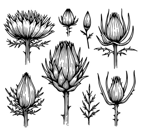 Artichoke flowers set. Hand drawn vector illustration in sketch style.のイラスト素材