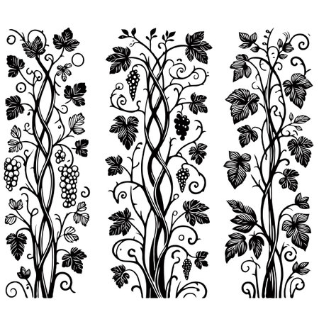 Grape vines and leaves set, black and white vector illustration.のイラスト素材