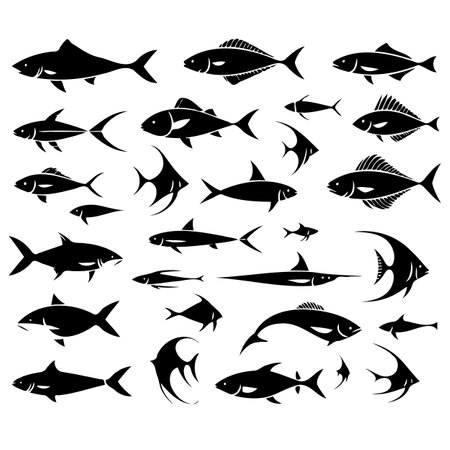 set of fish silhouettes isolated on white background. vector illustration.のイラスト素材