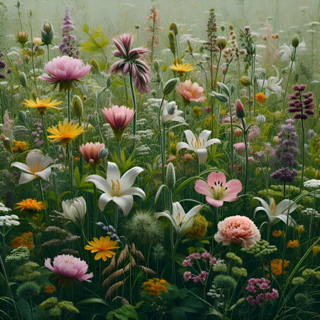 Colorful flowers in the meadow on a foggy day.の素材