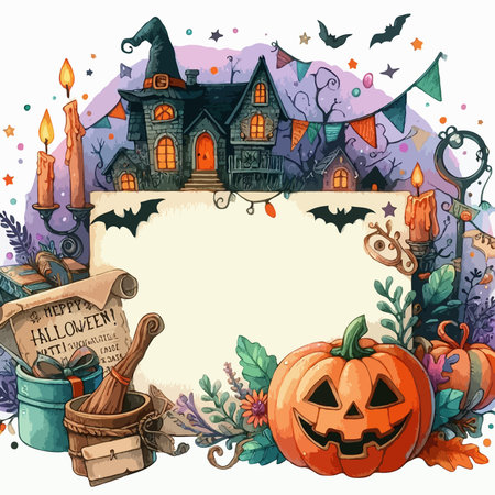 Halloween background with haunted house, pumpkins, witch's hat, broom, bats, cobwebs, candles. Vector illustration.のイラスト素材