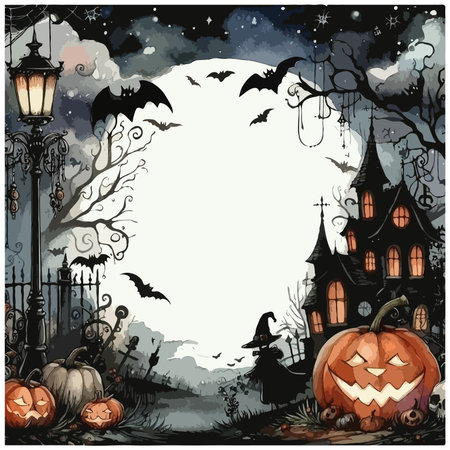 Halloween background with pumpkins, witch and haunted house, vector illustrationのイラスト素材