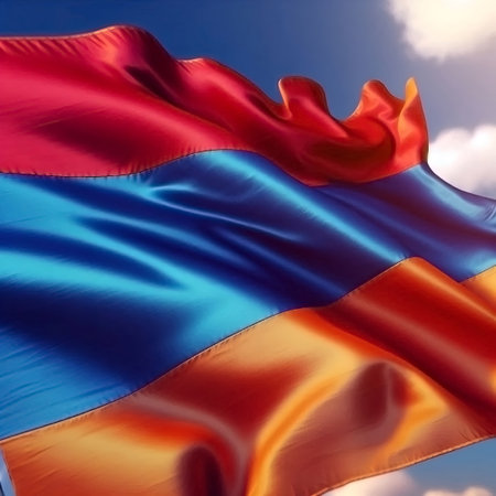 Flag of Armenia waving in the wind against the blue sky with cloudsの素材