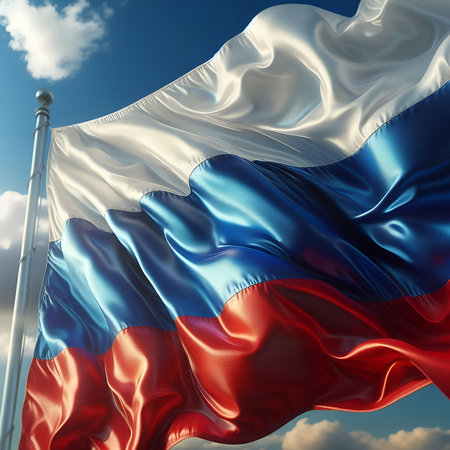 Russian flag waving in the blue sky, 3d render. National flag of Russiaの素材