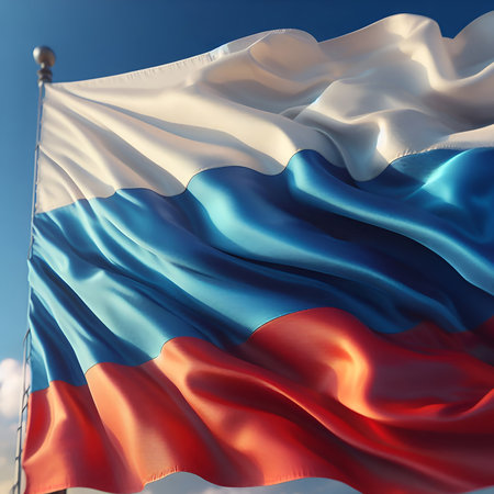 Russian flag waving in the wind against blue sky. 3d renderingの素材