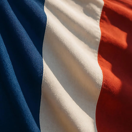 Closeup of the French flag waving in the wind, square imageの素材