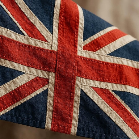Close up of Union Jack flag on wooden background. British symbol.の素材