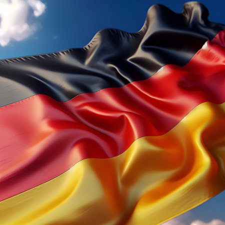 Germany waving flag against blue sky with white clouds. 3d renderingの素材