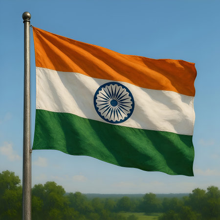 India flag waving in the wind against blue sky. 3D renderingの素材
