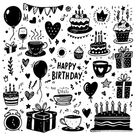 Set of cute hand drawn birthday doodles. Vector illustration.のイラスト素材
