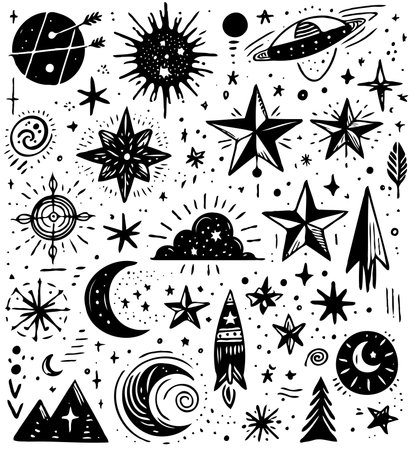 Set of hand drawn doodle stars, moon, sun, comet, planet, starry sky. Vector illustration.のイラスト素材