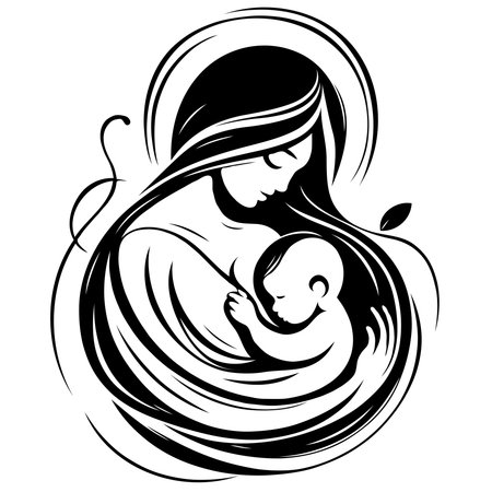 Mother and baby. Maternity. Black and white vector illustration.のイラスト素材