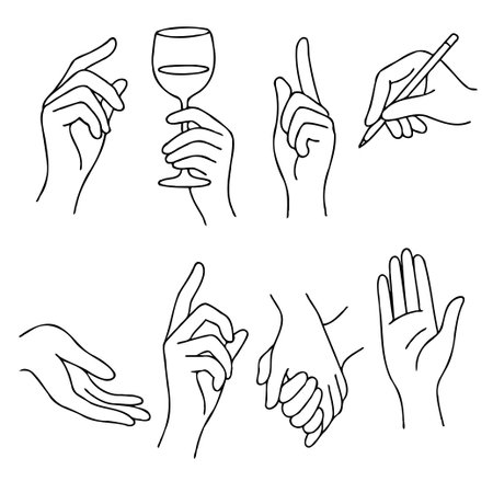 Hand drawn line art illustration of human hands holding a glass of wine.のイラスト素材