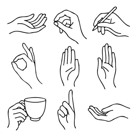 Hand drawn vector illustration of a group of hands holding a cup of coffee.のイラスト素材