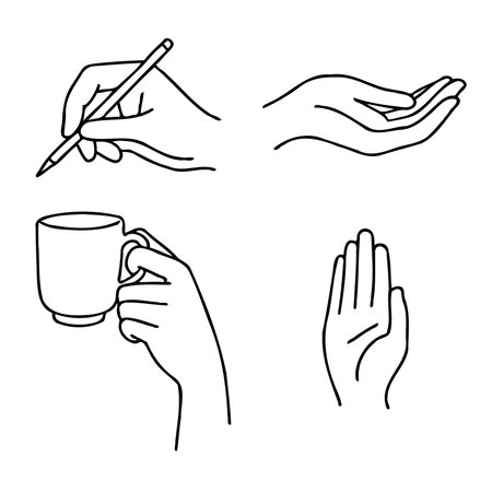 Hand drawn sketch of hands with pencil and cup of coffee. Vector illustrationのイラスト素材