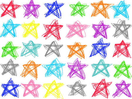 Colorful pastel doodle star line drawing isolate on white background. Color crayon illustration by digital art sketch design element.の写真素材