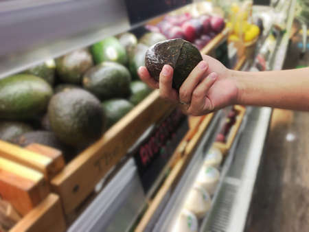 Woman's hand holding avocado for choose from the shelf in the supermarket.の写真素材
