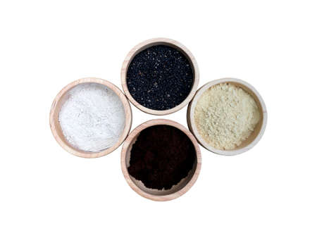 Dry nature ingredient powder for skin and face scrub and massage in the spa of Thailand isolated on white background.の写真素材