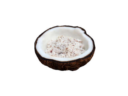 Halve old coconut with meat slice inside isolated on white background.の写真素材
