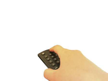 Hand holding and press button on black remote control isolated on white backgroundの写真素材