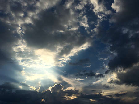 Beautiful light blue sky and white cloudy with sunshine on the day. Color shade of nature background