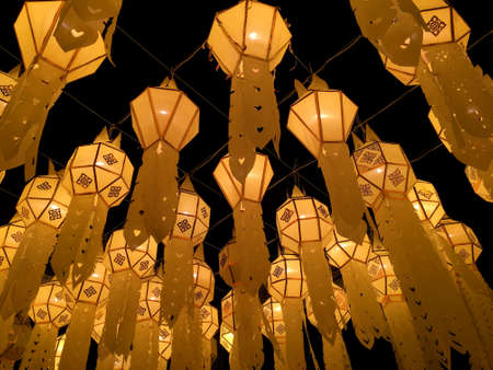 Bottom view of beautiful Thai Northern Lanna lantern hanging style in Loi Krathong Festival at Chiang Mai, Thailandの写真素材