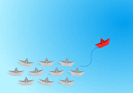 Red origami paper boat leading gray staff ones go on the route on blue background. Leadership and teamwork concept.のイラスト素材