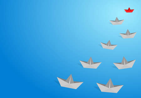 Red origami paper boat leading gray staff ones go on the route on blue background. Leadership and teamwork concept.のイラスト素材