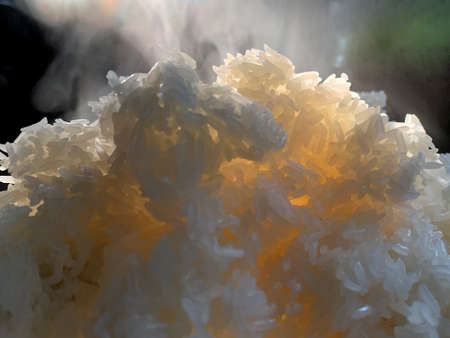 Close up hot sticky rice with smoke after boil.の写真素材