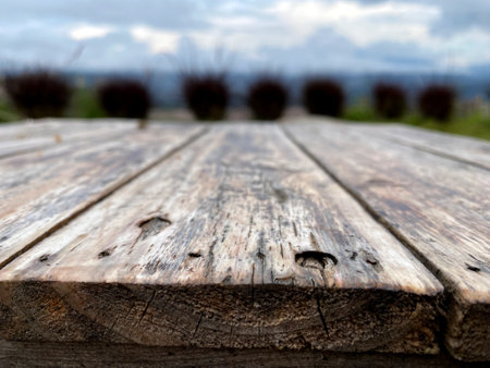 Brown wooden terrace in front of plant and meadow on the mountain under cloudy sky. Nature of countryside with sunset in the evening.の写真素材
