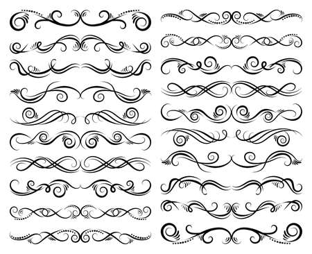 Calligraphic design elements. Dividers and borders. Set of curls and scrolls for wall decoration, books, cards and tattoos. Swirls Vector Illustration.のイラスト素材