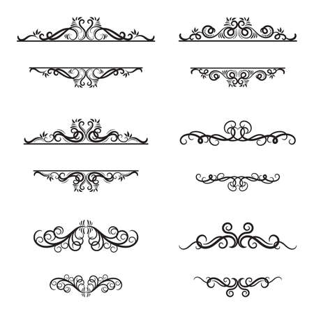 Calligraphic design elements. Frames and dividers. Set of curls and scrolls for wall decoration, books, cards and tattoos. Swirls Vector Illustration.のイラスト素材