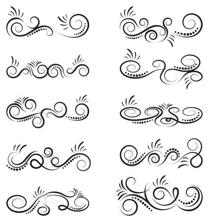 Calligraphic design elements. Set of curls and scrolls for wall decoration, books, cards and tattoos. Swirls Vector Illustration.のイラスト素材