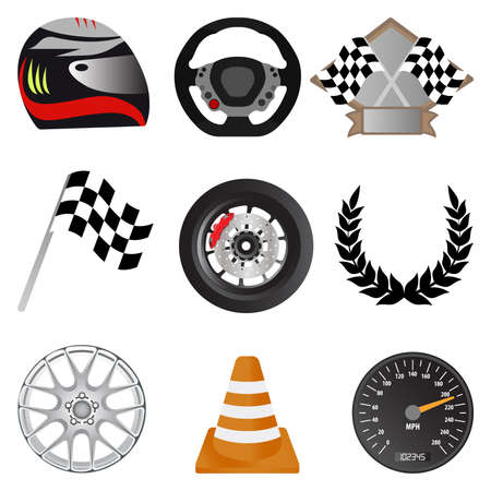 Racing icons. Racing objects including helmet, trophy, flag, wheel, rim, cone, speedometer, steering wheel and laurel wreath. Vector illustration.のイラスト素材