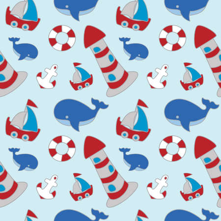 Sea seamless pattern for kids. Background with light house, boat, whale, anchor and life saver....