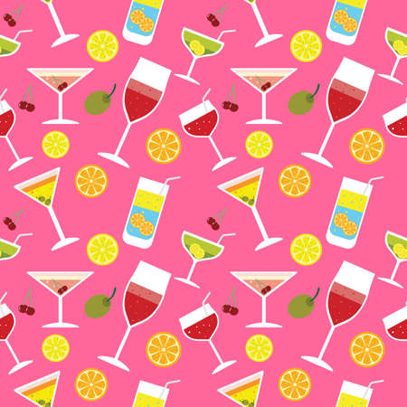 Cocktail seamless pattern. Colorful summer background with cocktails and various fruits. Vector illustration.のイラスト素材