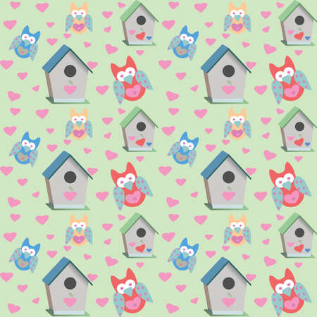 Owls and bird houses patternのイラスト素材