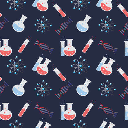 Science seamless pattern. Background with dna, atom and test tubes. Chemistry and biology vector illustration.のイラスト素材