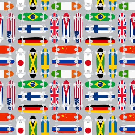 Skateboard seamless pattern. Background with various skateboards with flags. Flat design set. Colorful skateboard objects set on gray background. Vector illustration.のイラスト素材