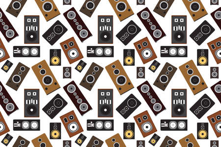 Loudspeaker seamless pattern. Music background with various loudspeakers on white background. Vector...