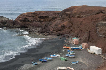Lanzarote beach full of boats of all colorsのeditorial素材