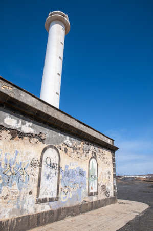Lanzarote Harbor Lighthouse where the rocky landscape is observedのeditorial素材