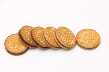 very good chocolate chip cookies on white backgroundの写真素材