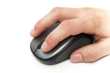 Hand with computer mouse on a white background