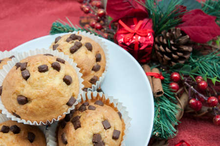 Christmas chocolate muffins with chocolate chipsの写真素材