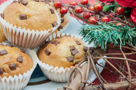 Christmas chocolate muffins with chocolate chipsの写真素材