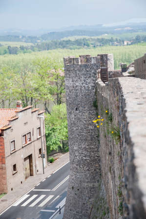 Hostalric stone castle with blue skyのeditorial素材
