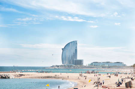 Barcelana a beach hotel in the backgroundのeditorial素材