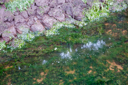 Small waterfall falling water lakeの写真素材
